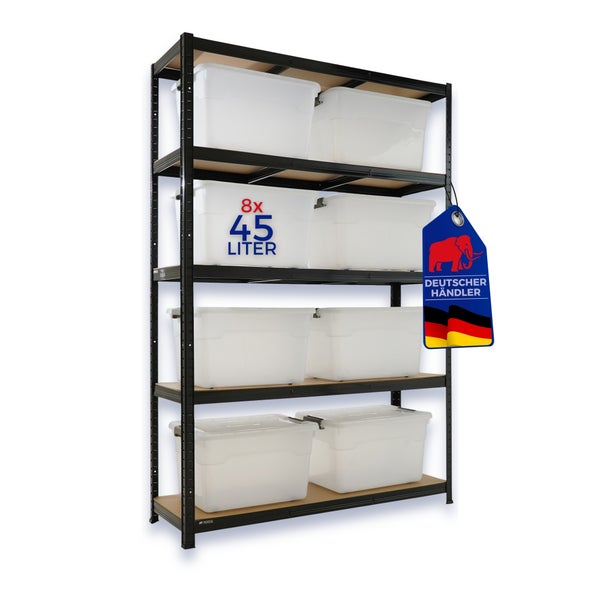 Schwarzes Schwerlastregal mit vier Holzböden und acht transparenten Kunststoffboxen mit 45 Liter Volumen. Siegel für deutschen Händler vorhanden.