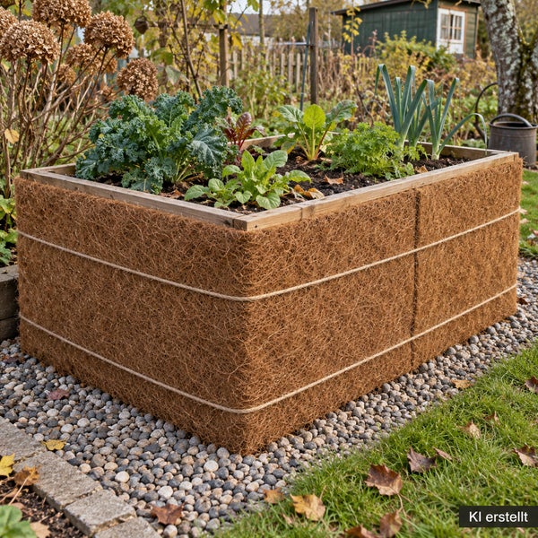 Rechteckiges Hochbeet aus Holz mit Kokosfasermatten verkleidet, bepflanzt mit verschiedenen Gemüsesorten, platziert auf einer Kiesschicht im Garten.