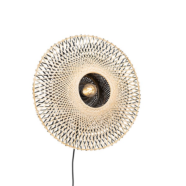 Runde Wandleuchte aus Bambus mit Stromkabel