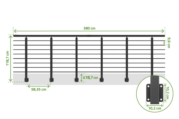 Technische Zeichnung eines Geländer-Sets mit Maßangaben für Länge, Höhe und Pfostenabstände.