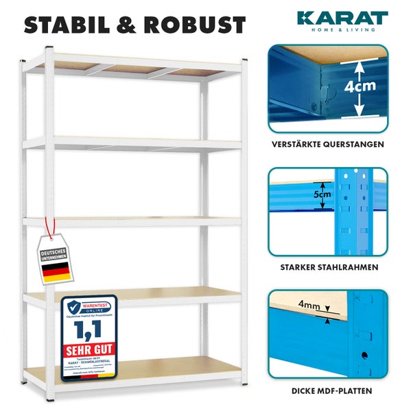 Karat Schwerlastregal mit 5 MDF-Böden, verstärkten Querstangen, 4 Millimeter Platten. Testurteil sehr gut. Karat Home & Living Logo.