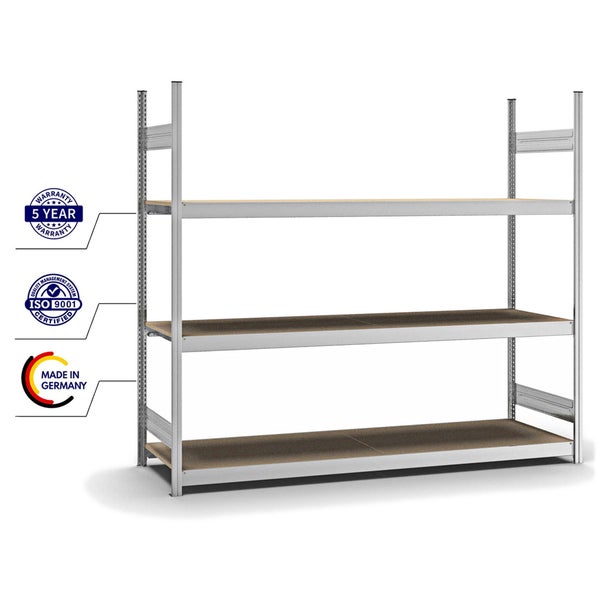 PROREGAL Weitspannregal Stecksystem T-Profil Grundregal HxBxT 200x225x60 cm 3 Ebenen Spanplatten Fachboden Fachlast 350 kg Verzinkt