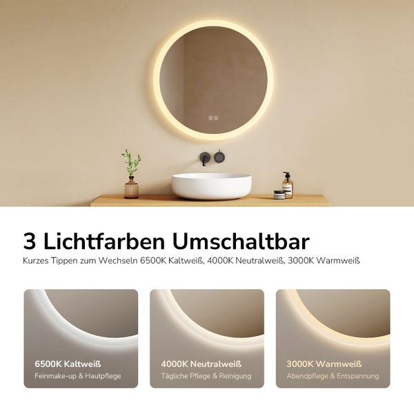 Runder Badezimmerspiegel mit LED-Beleuchtung und drei einstellbaren Farbtemperaturen: 6500 Kelvin, 4000 Kelvin und 3000 Kelvin.