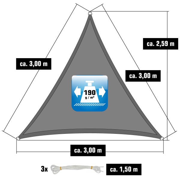 AMANKA 3x3x3 Sonnensegel Dreieckig Wasserdicht - Dreieck Sonnenschutz Segel mit Edelstahl Befestigung