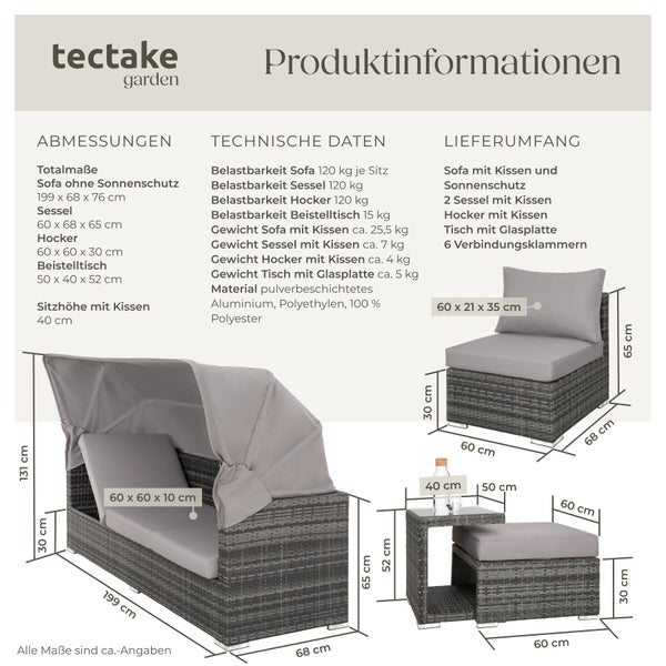 tectake garden Logo. Produktinformationen für ein graues Gartenlounge-Set mit Maßen für Sofa, Sessel, Hocker und Beistelltisch in Zentimeter.