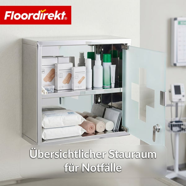 Floordirekt Logo. Wandschrank aus Edelstahl für Erste-Hilfe-Material mit Glastür, Sicherheitsschloss und zwei Ablagefächern.