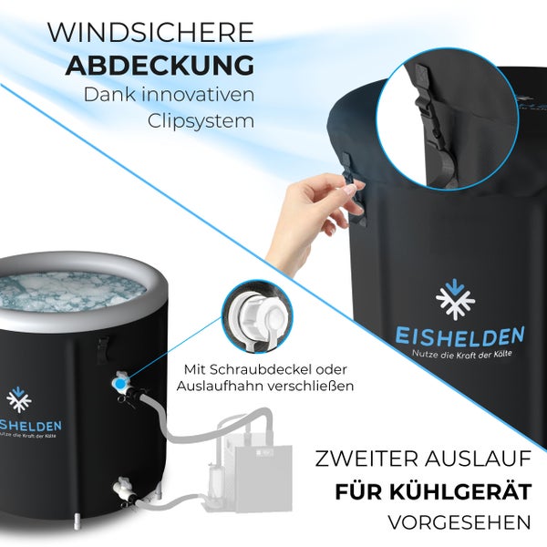 Eishelden Eisbad-Becken mit windfestem Deckel inklusive Clipsystem, Auslaufhahn und zweitem Anschluss für ein externes Kühlgerät.