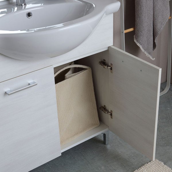 75cm Badschrank mit Türen und Füßen, Waschbecken, Spiegel mit Hängeschrank und LED | Rimini