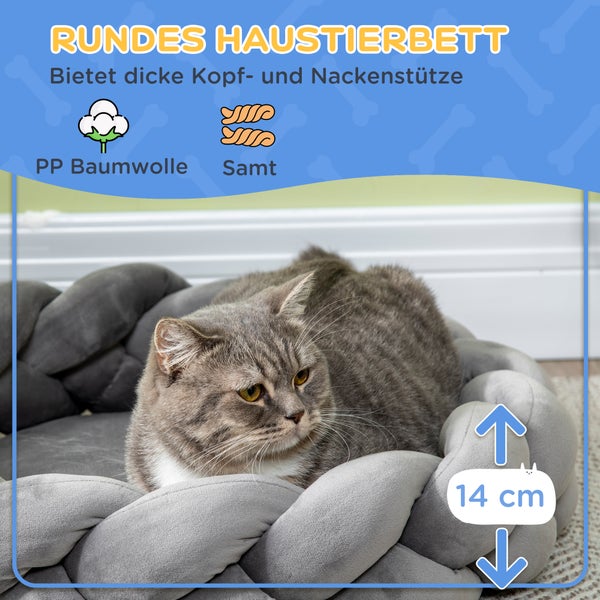 PawHut Hundebett, 55L x 55B x 14H cm, PP Baumwolle, Samt, Baumwollseil, Grau
