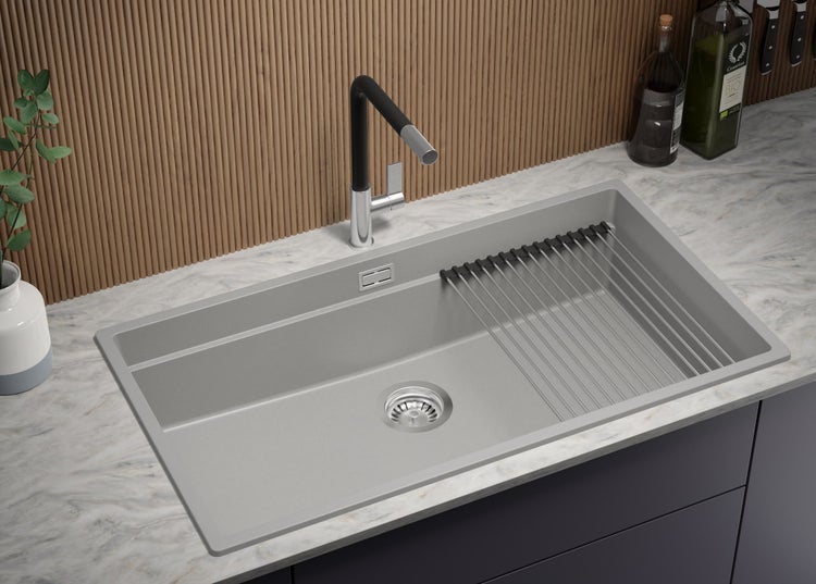 PRIMAGRAN Spülbecken Grau 86x47cm, Granitspüle 1 Becken + Ablauf-Set + Aufrollbare Abtropffläche, Küchenspüle ab 90er Unterschrank - Praga Slim
