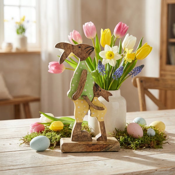 Osterdekoration aus Holz in Form von zwei Hasen auf einem Holztisch mit Frühlingsblumenstrauß und bunten Ostereiern als festliche Tischdeko.