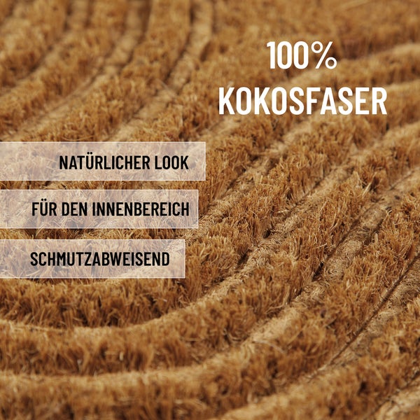 Nahaufnahme einer Fußmatte aus 100 Prozent Kokosfaser mit natürlichem Look, für den Innenbereich geeignet und schmutzabweisend.