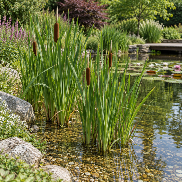 Breitblättriger Rohrkolben am Teichrand mit Steinen und Wasserpflanzen in einem naturnahen Garten.