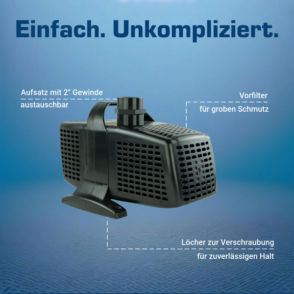 Teichpumpe mit Vorfilter für groben Schmutz, austauschbarem 2 Zoll Gewindeaufsatz und Befestigungslöchern für stabilen Halt.