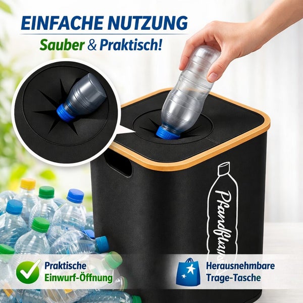 Pfandflaschensammler mit praktischer Einwurföffnung und herausnehmbarer Tasche zum Sammeln von Kunststoffflaschen.