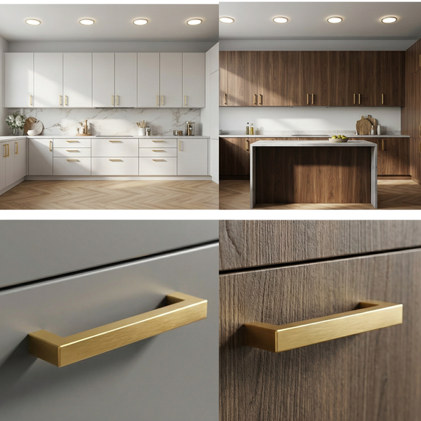 Küchenansicht mit weißen und hölzernen Schränken mit rechteckigen Griffen