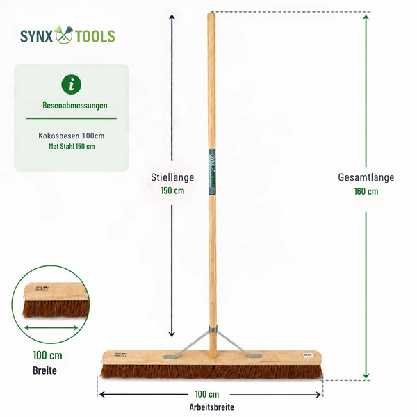 Kokosbesen mit Holzstiel, 100 Zentimeter Arbeitsbreite, 150 Zentimeter Stiellänge und 160 Zentimeter Gesamtlänge von Synx Tools Logo.