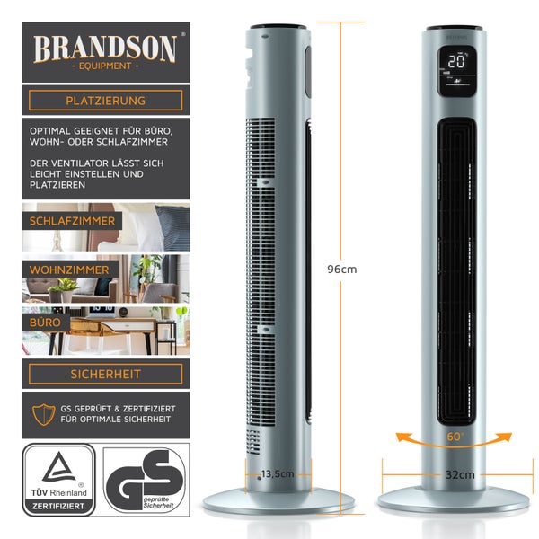 Brandson Turmventilator mit Oszilation 60°, Standventilator 96 cm, GS, Säulenventilator mit Fernbedienung, Ventilator mit 3 Geschwindigkeitsstufen