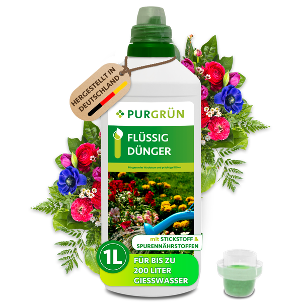 Purgrün Flüssigdünger für gesundes Pflanzenwachstum, 1 Liter Flasche mit Stickstoff und Spurennährstoffen für bis zu 200 Liter Gießwasser.