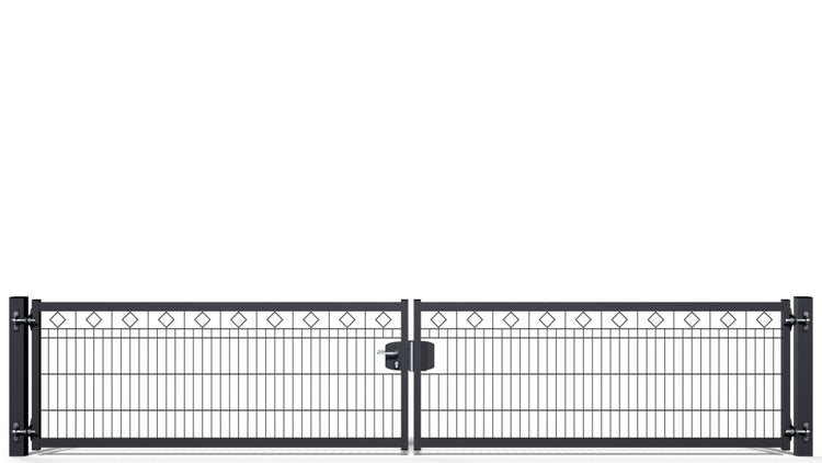 Gartentor ZAUNGURU BASIC-Line Berlin Raute aus Metall, Höhe: 83cm, Breite: 441cm, 2-flügelig inkl. Pfosten, Schloss und Zubehör, Feuerverzinkt und in RAL 7016 Anthrazitgrau pulverbeschichtet