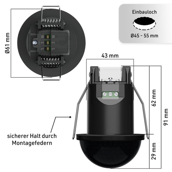 Technische Zeichnung eines Bewegungsmelders mit Maßangaben