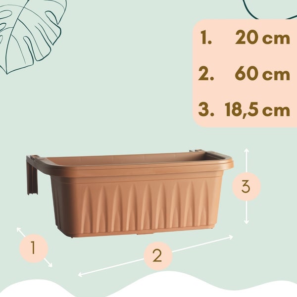 Abbildung eines Balkonkastens mit den Maßen 20 cm Tiefe, 60 cm Länge und 18,5 cm Höhe.