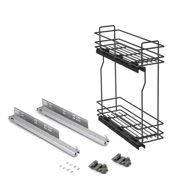 Zweistöckiger Ausziehkorb für Küchenschränke inklusive Führungsschienen und Montagematerial aus Metall.