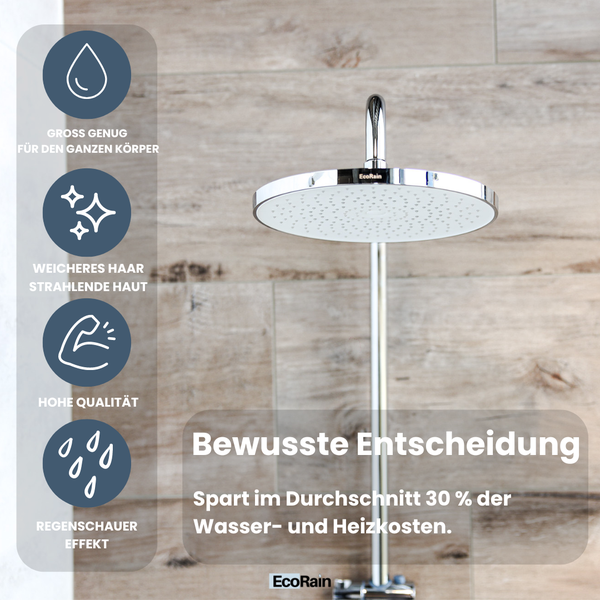 EcoRain 30% Wassersparender Regenduschkopf Matt 25 CM Rund - Hoher Wasserdruck - Universeller Anschluss - Anti-Kalk Duschkopf - Chrom