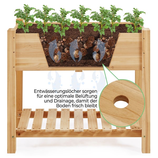 Hochbeet aus Holz mit Kartoffelpflanzen und Hinweisen zur Entwässerung