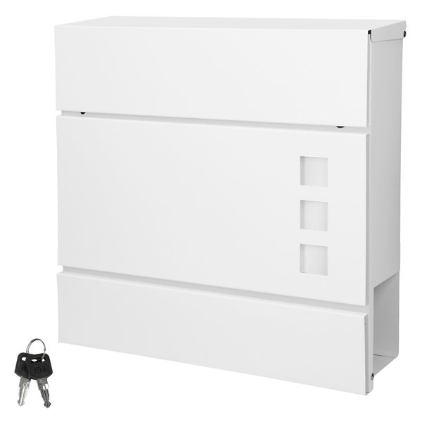 Moderner Wandbriefkasten in Weiß mit Zeitungsfach und drei quadratischen Sichtfenstern, inklusive zwei Schlüsseln.