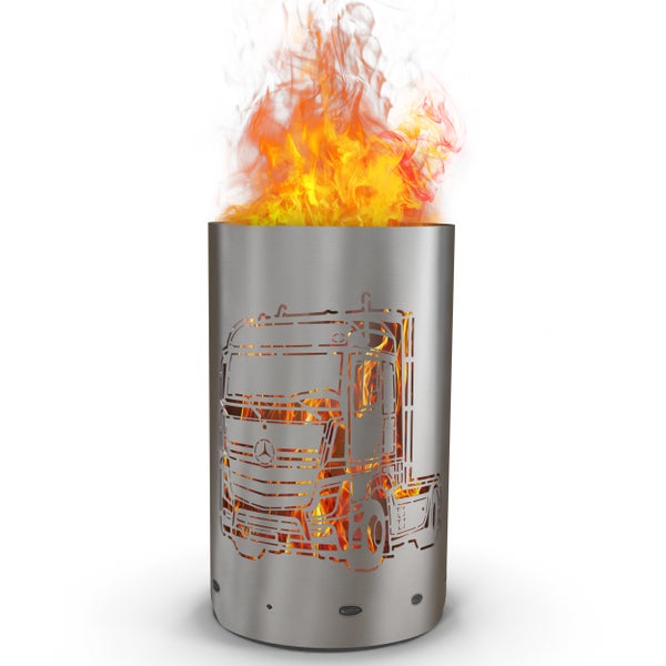 Feuerkorb aus Stahl mit Lkw-Motiv und Flammen