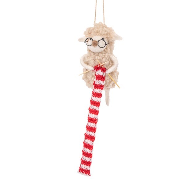 Schaf als Weihnachtsbaumschmuck mit Brille und Strickzeug