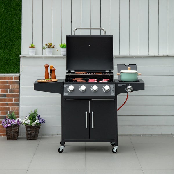 Outsunny Gasgrill, mobiler Grillwagen, BBQ mit 3 Brennern je 3 kw, 132,4 x 55 x 109cm, Stahl, Schwarz