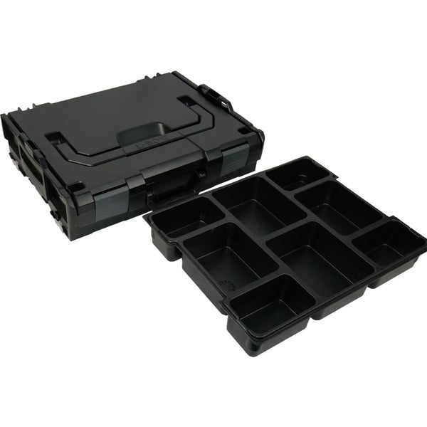 Schwarzer L-BOXX Werkzeugkoffer mit Tragegriff und separatem Einsatz mit mehreren Fächern.