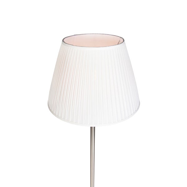 Konischer, weißer Lampenschirm mit Plissee-Struktur auf einem Metallstab.