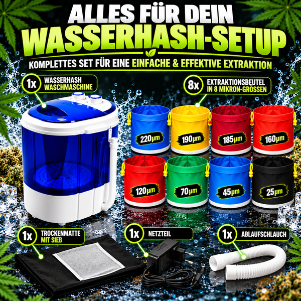 Komplettes Set für Wasserhash Extraktion mit Waschmaschine, 8 Extraktionsbeuteln in verschiedenen Mikrongrößen, Trockenmatte, Netzteil und Schlauch.