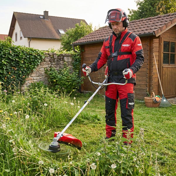 Ein Mann mäht Gras mit einem Rasentrimmer in einem Garten. Der Mann trägt Schutzkleidung. Im Hintergrund befinden sich ein Haus und ein Schuppen.
