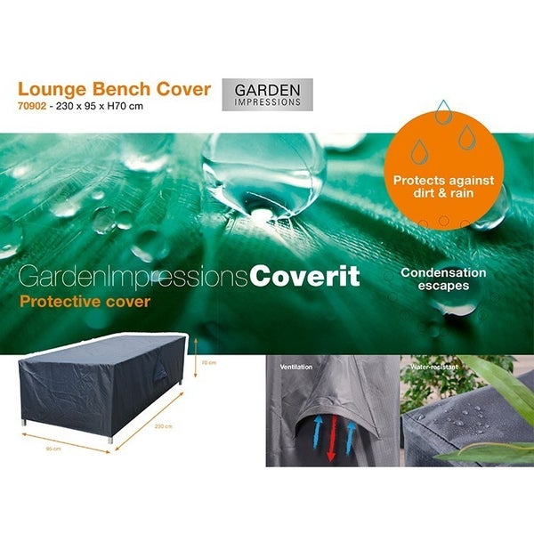 Garden Impressions Logo. Schutzhülle für Lounge-Bänke, 230 mal 95 mal 70 Zentimeter, schützt vor Schmutz und Regen, atmungsaktiv.