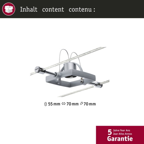 Quadratischer Metall-Spot für Seilsystem, 55 Millimeter hoch, 70 Millimeter breit, 70 Millimeter tief, mit 5 Jahren Garantie.