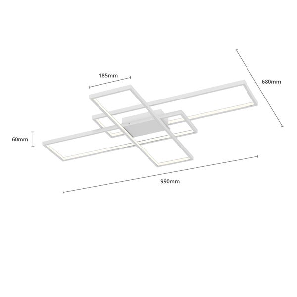 Moderne LED-Deckenleuchte mit Maßangaben: Länge 990 Millimeter, Breite 680 Millimeter, Höhe 60 Millimeter und Basis 185 Millimeter.