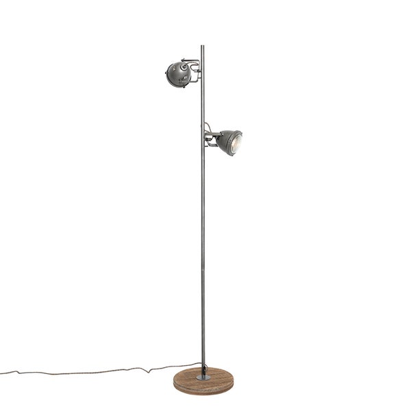 Stehlampe mit zwei Strahlern und rundem Holzfuß