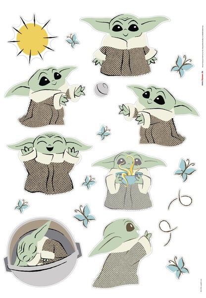 Wandsticker mit Motiven von Baby Yoda, Sonne und Schmetterlingen