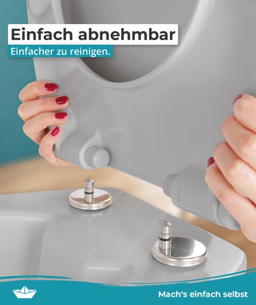 Calmwaters® WC Sitz Original einfache Montage, Premium Toilettendeckel bis 250 kg, Made in EU, aus antibakteriellem Duroplast, Absenkautomatik, 2 Montage Optionen, abnehmbar, Klobrille, oval, Manhattan-Grau