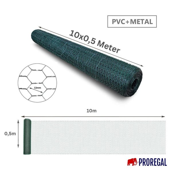 PROREGAL Maschendrahtzaun Sechseckgeflecht Keepy Höhe 0,5 Meter Länge 10 Meter Maschenweite 13 mm Drahtstärke 0,9 mm PVC-Beschichtet Grün