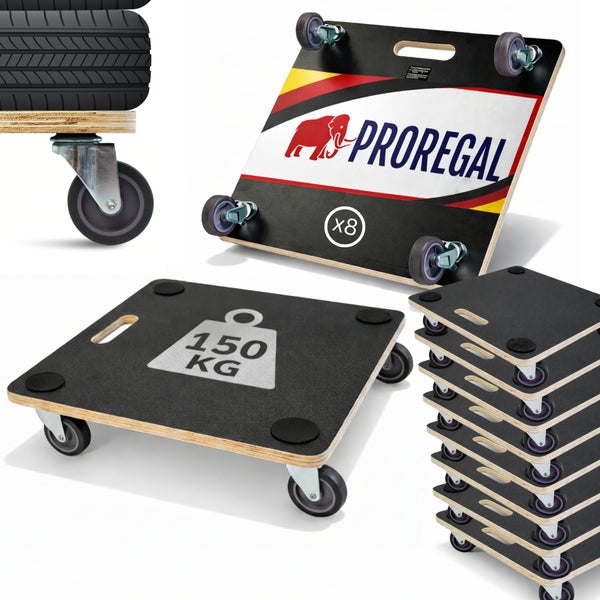 Acht Rollbretter aus Sperrholz mit Antirutschbeschichtung, Lenkrollen, Griff und einer Tragkraft von 150 Kilogramm. Proregal Logo.