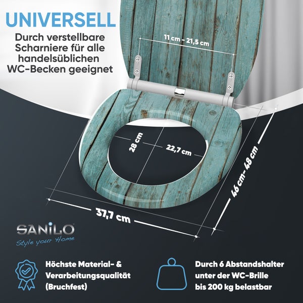 WC-Sitz mit Holzoptik und verschiedenen Maßangaben