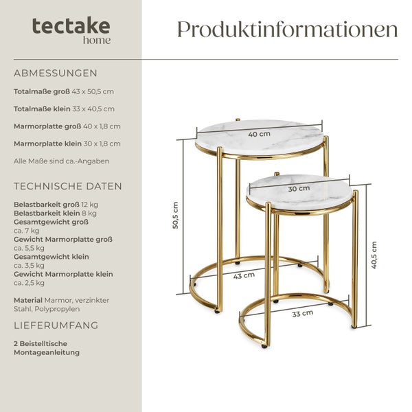 Technische Zeichnung von zwei Marmor Beistelltischen von tectake home mit Maßangaben.