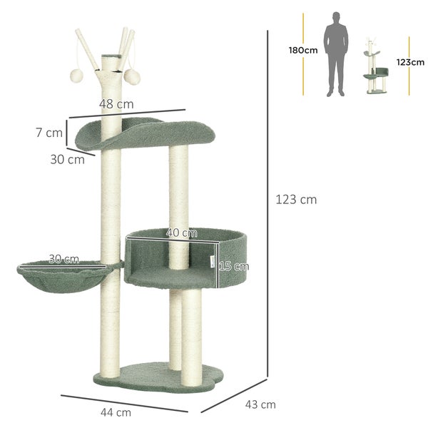 PawHut Kratzbaum 123H cm Katzenbaum Kletterbaum Katzenkratzbaum mit Liegekorb, Spielball, Sisalsäule für Katzen bis 5 kg Plüsch Cremeweiß+Grün