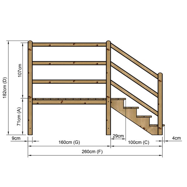 Technische Zeichnung einer Holztreppe mit Geländer und Maßangaben