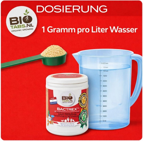 Dosierungshinweis für BioTabs Bactrex zeigt ein Gramm Granulat im Messlöffel pro Liter Wasser im Messbecher. BioTabs.nl Logo.